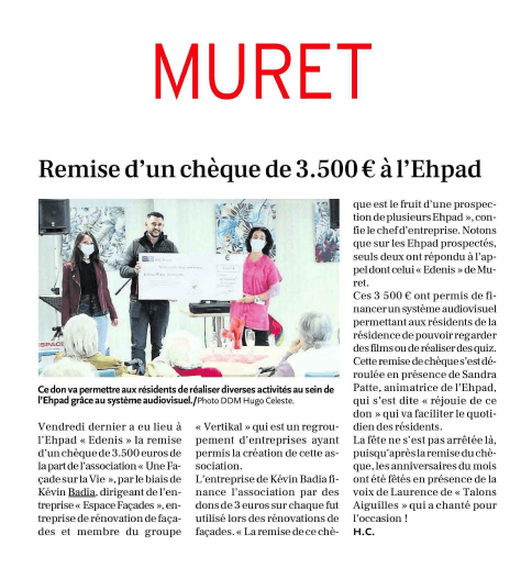 ESPACE FACADES fait un don de 3.500 € à l’Ehpad EDENIS