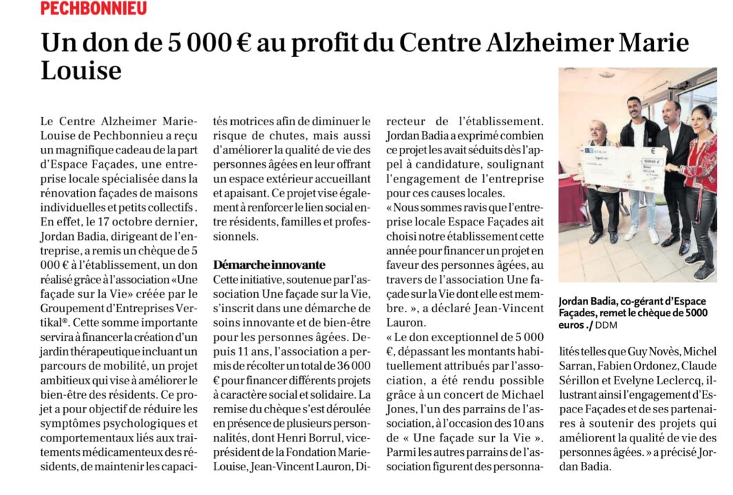 Un don de 5000 € en faveur de l’Ehpad de Pechbonnieu