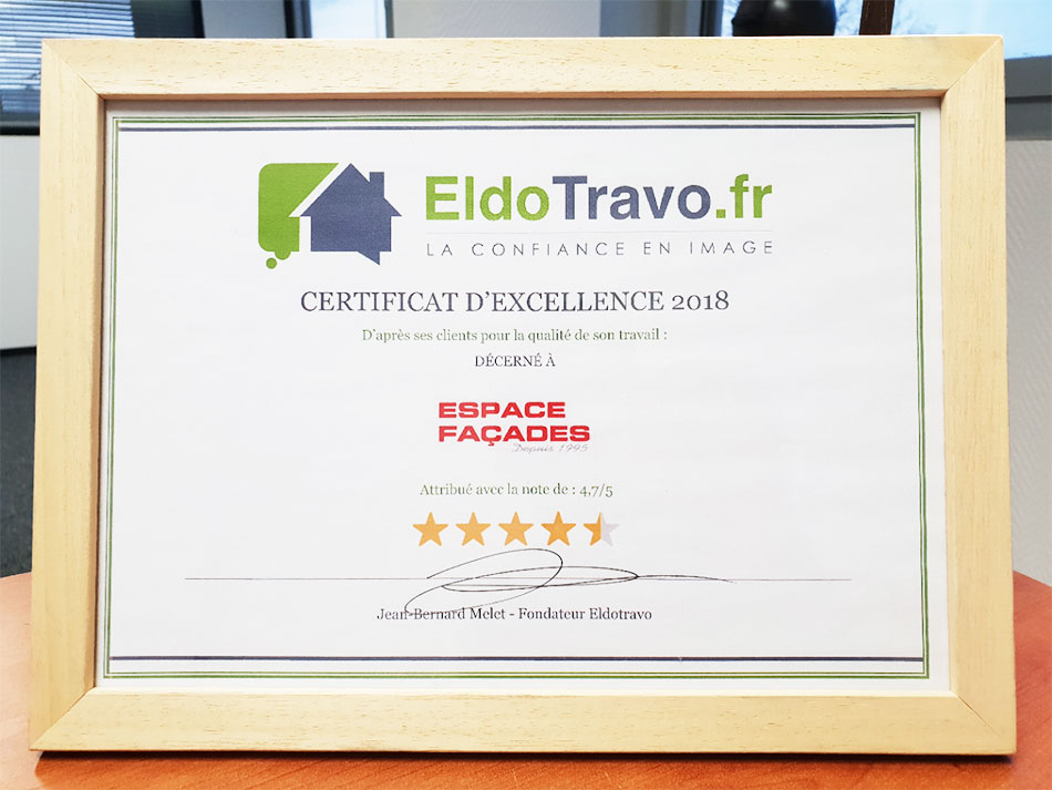 Eldotravo, Certificat d'Excellence 2018 - Espace Façades